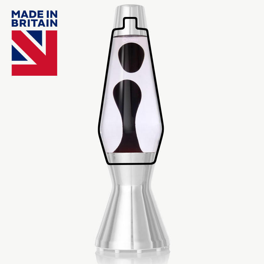 Bouteille de lampe à lave Mathmos Astro avec lave noire et liquide transparent sur fond blanc