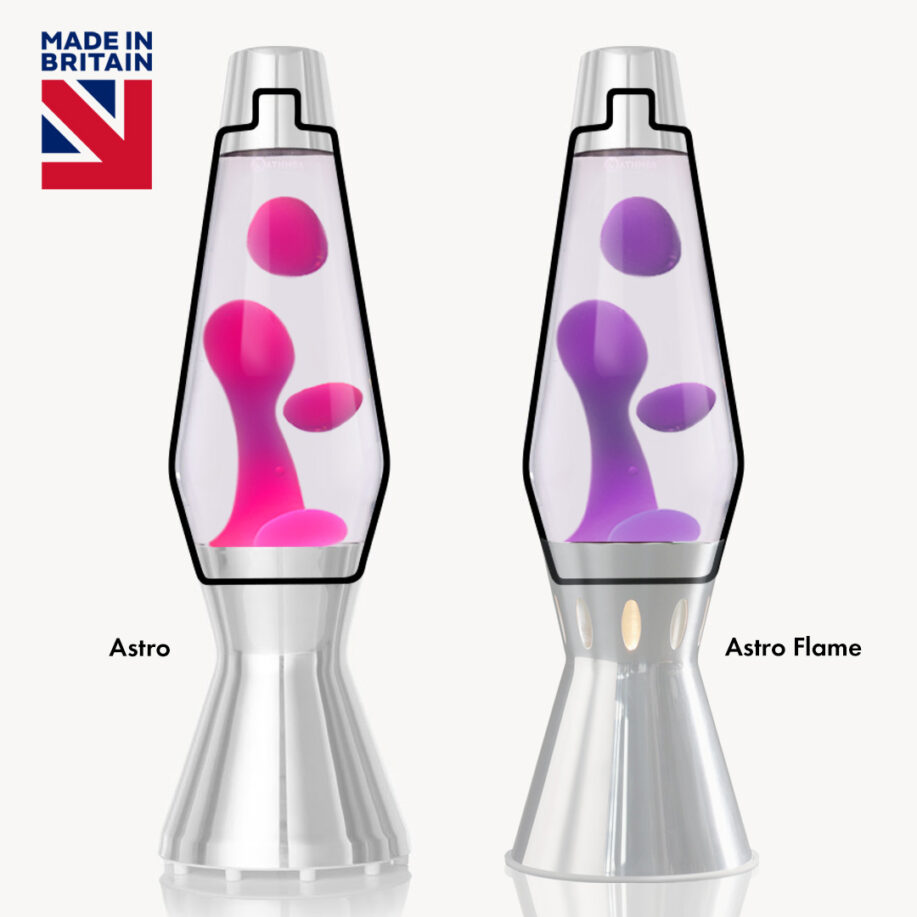 Bouteille de lampe à lave Mathmos Astro avec lave rose et liquide transparent sur fond blanc