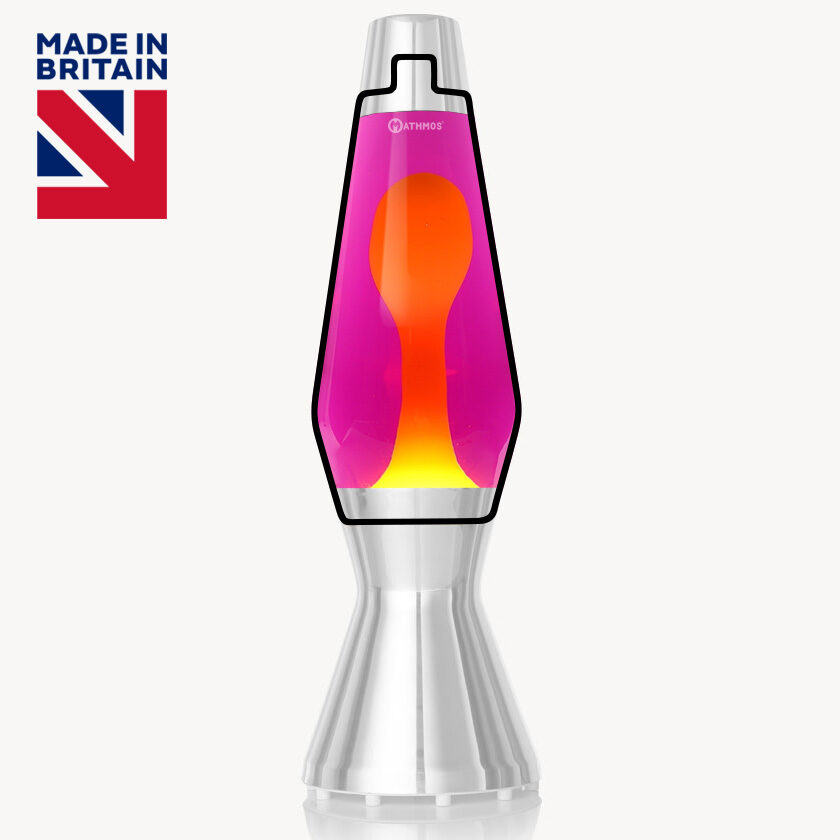 Bouteille de lampe à lave Mathmos Astro avec lave jaune et liquide rose sur fond blanc