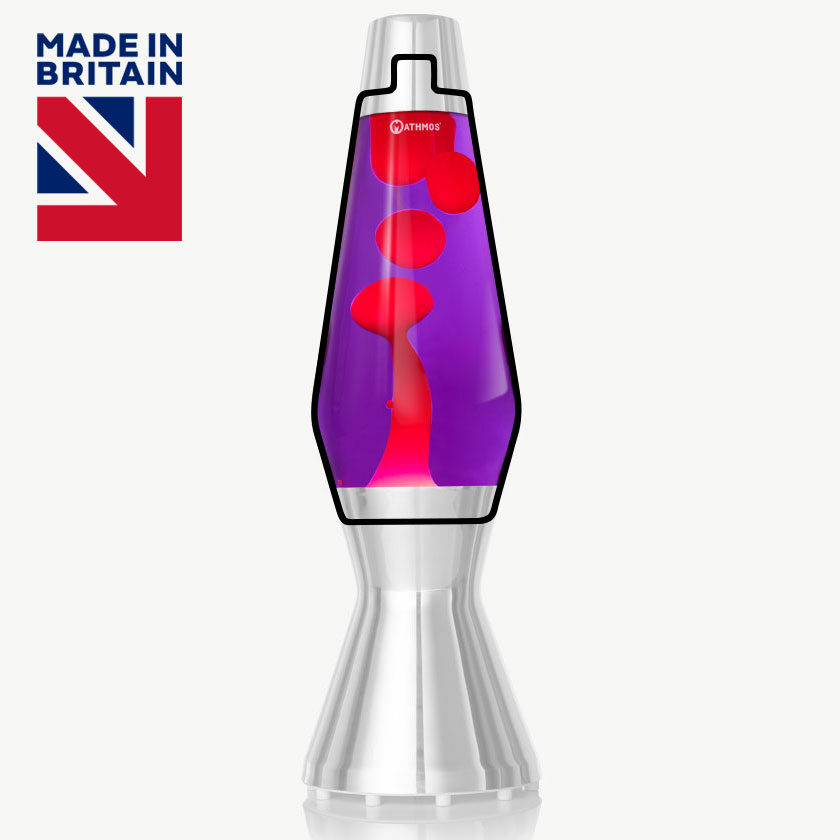 Bouteille de lampe à lave Mathmos Astro avec lave rouge et liquide violet sur fond blanc
