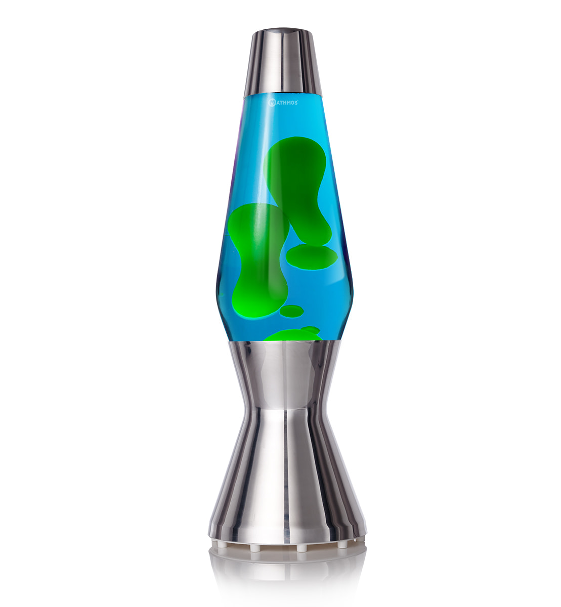 Lampe à lave Mathmos Astro avec lave verte et liquide bleu dans un corps argenté sur fond blanc