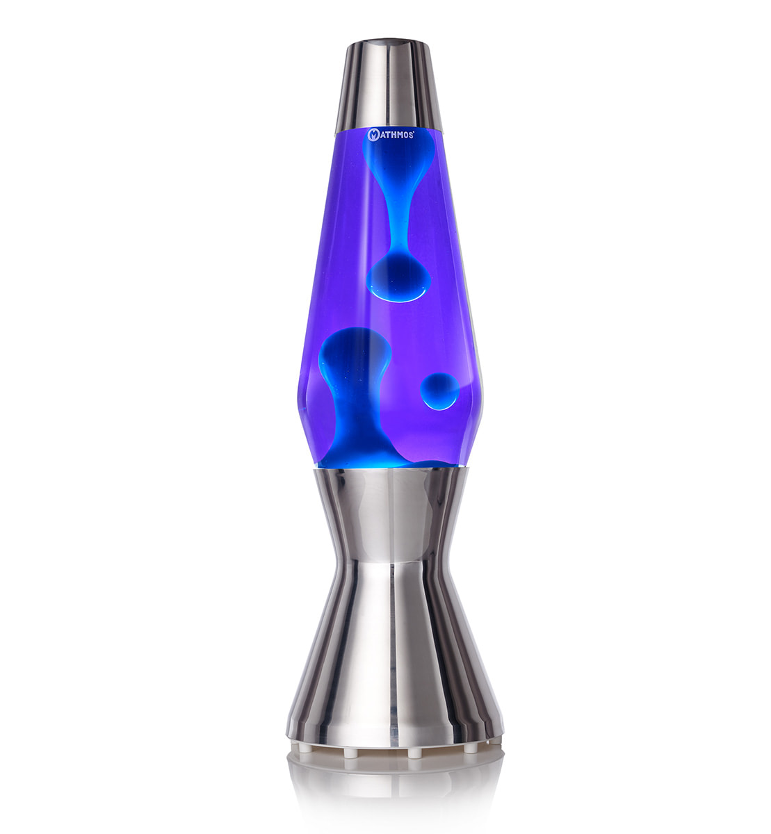 Lampe à lave Mathmos Astro avec lave bleue et liquide violet dans un corps argenté sur fond blanc