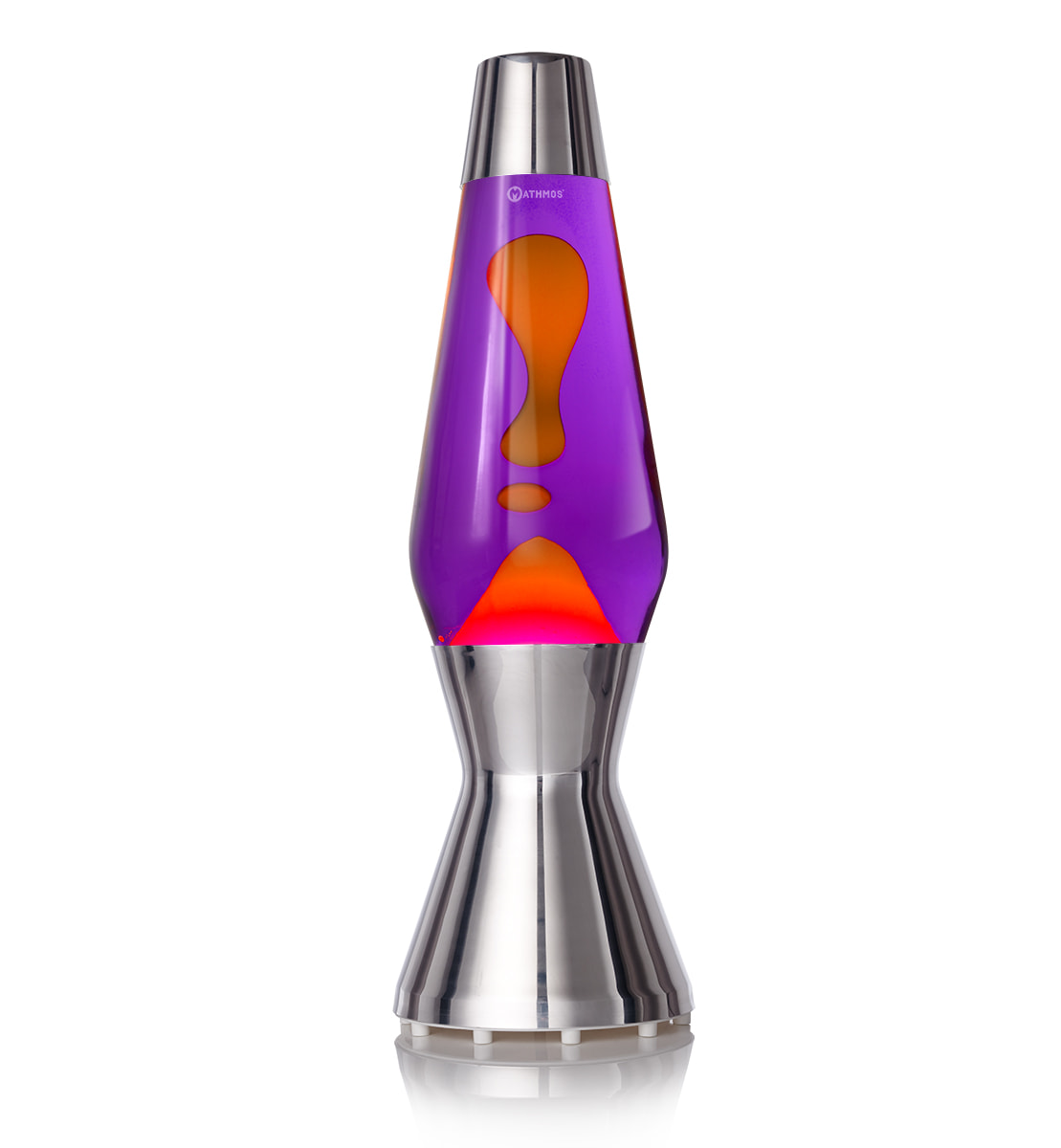 Lampe à lave Mathmos Astro avec lave orange et liquide violet dans un corps argenté sur fond blanc