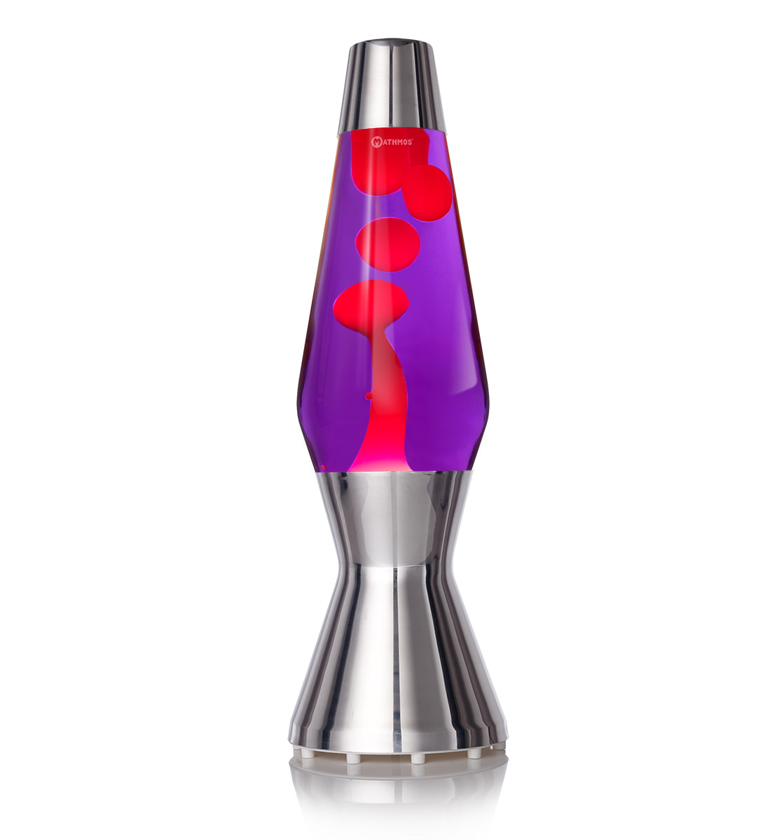 Lampe à lave Mathmos Astro avec lave rouge et liquide violet dans un corps argenté sur fond blanc