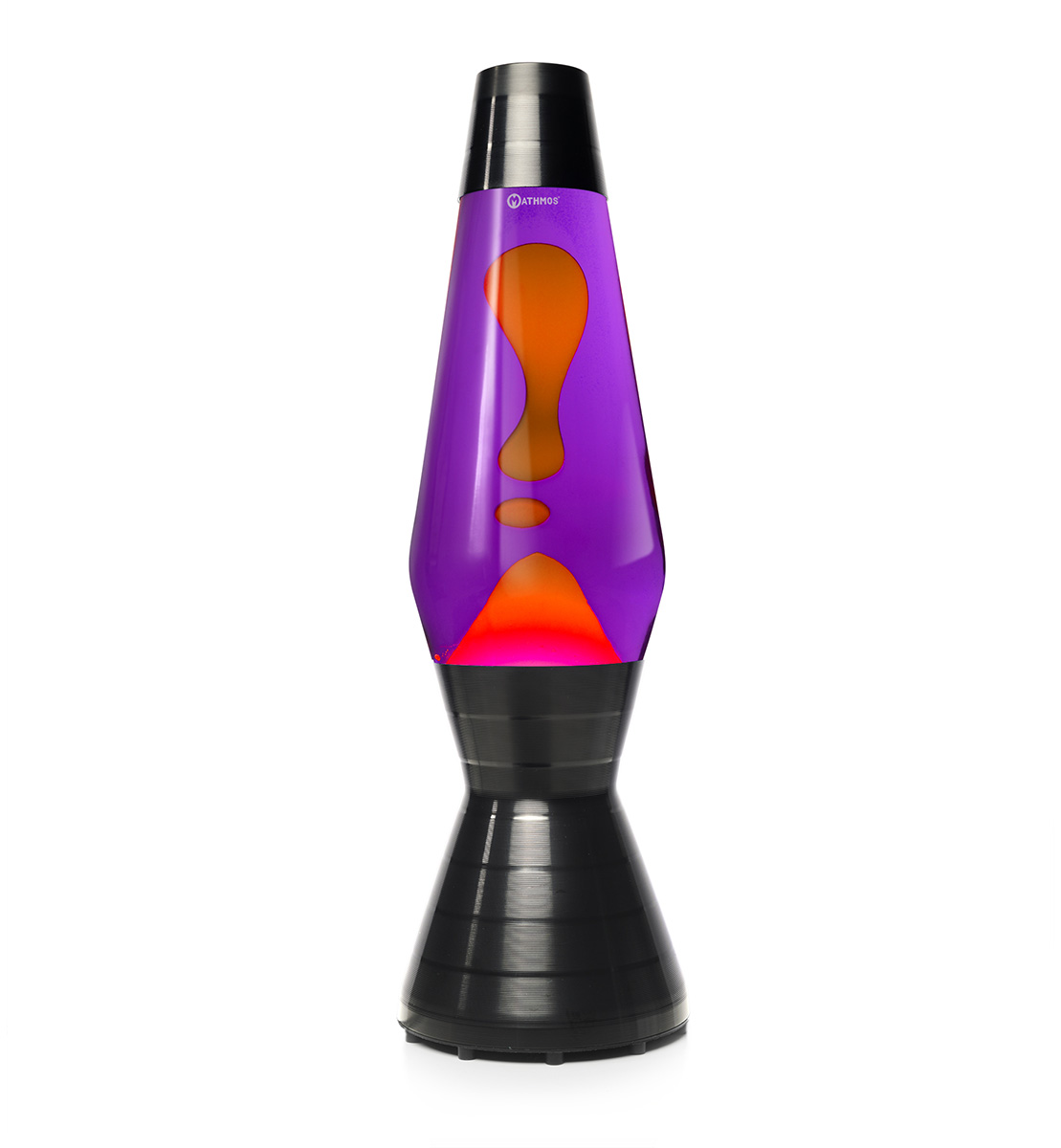 Lampe à lave noire Mathmos Astro Vinyl avec liquide violet et lave orange sur fond blanc