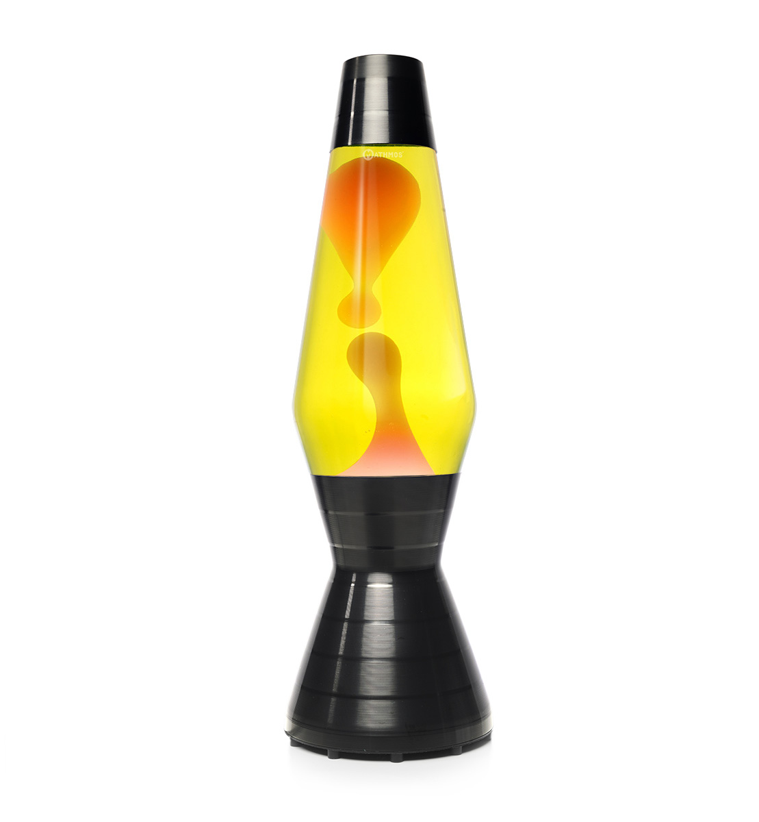 Lampe à lave noire Mathmos Astro Vinyl avec liquide jaune et lave orange sur fond blanc