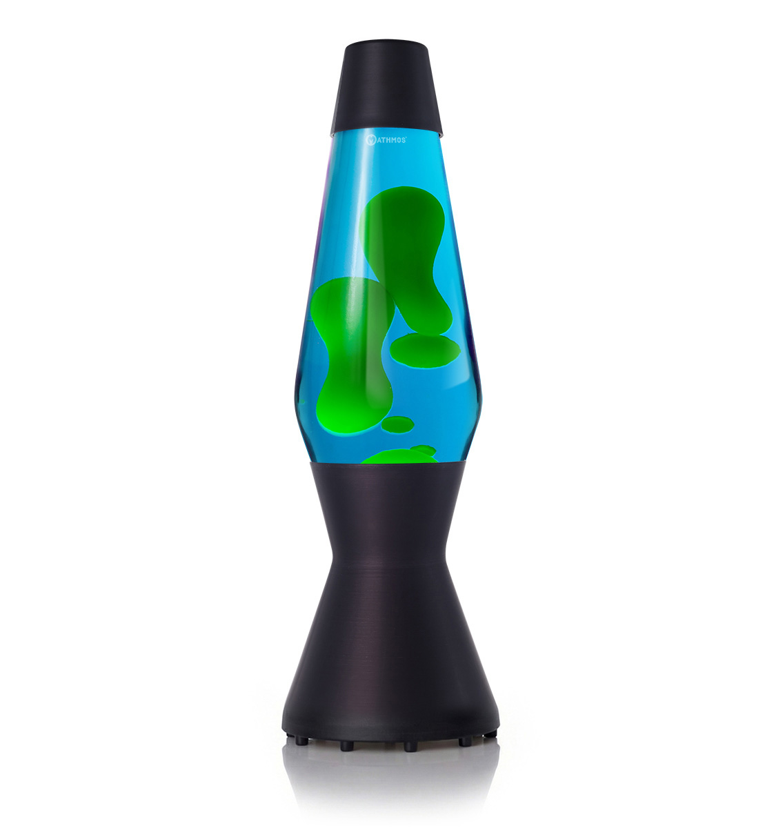 Lampe à lave Mathmos Astro avec lave verte et liquide bleu dans un corps noir sur fond blanc