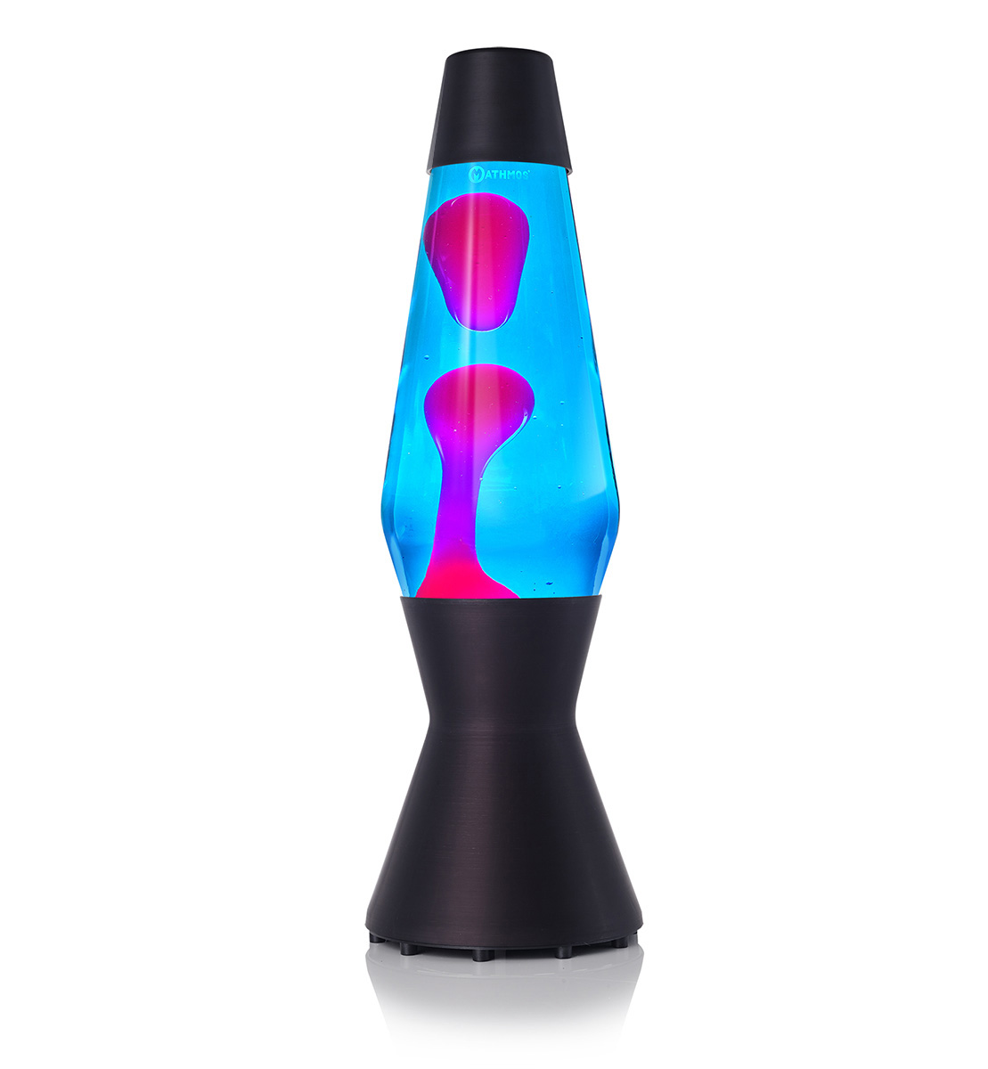 Lampe à lave Mathmos Astro avec lave rose et liquide bleu dans un corps noir sur fond blanc