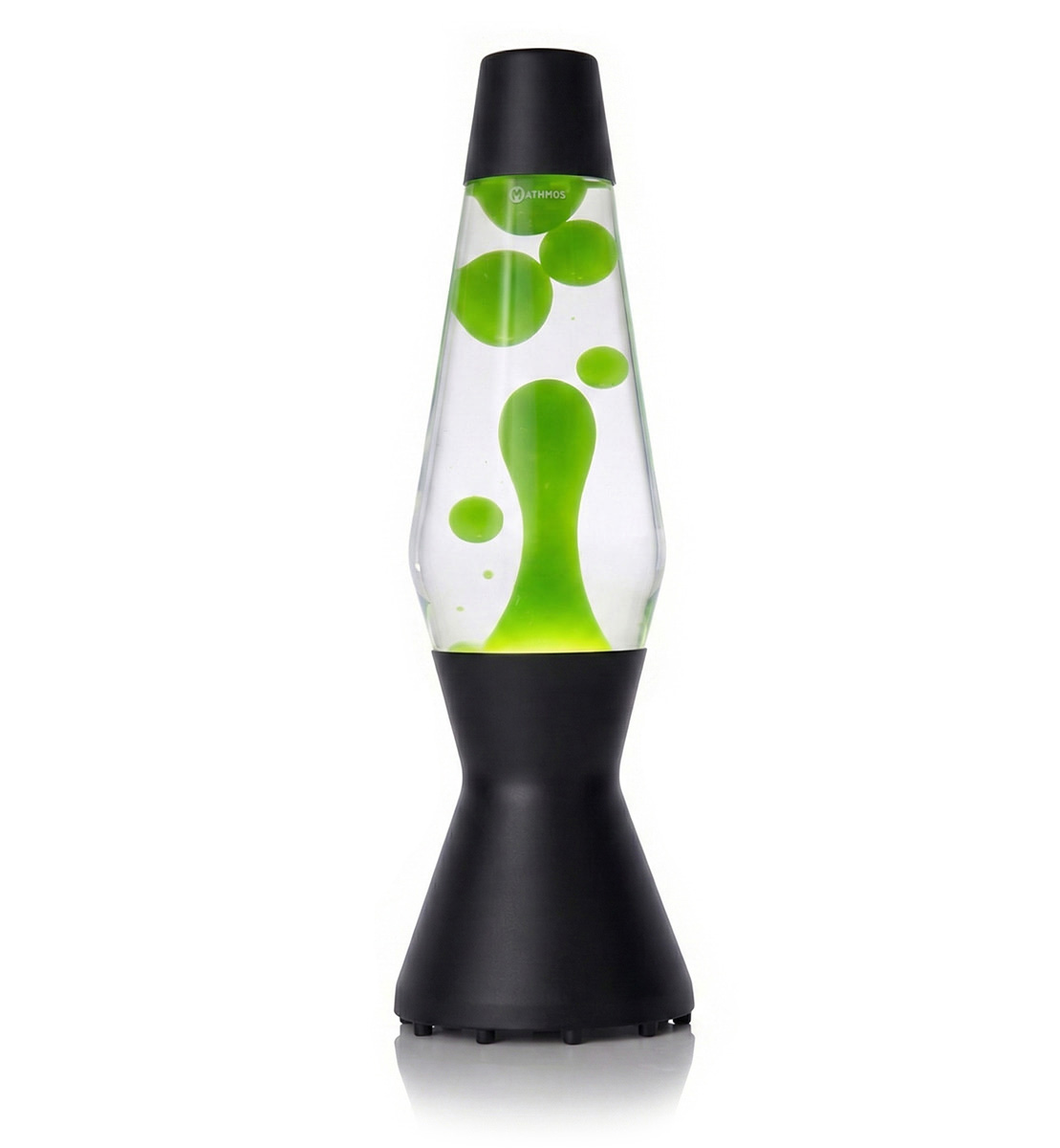 Lampe à lave Mathmos Astro avec lave verte et liquide transparent dans un corps noir sur fond blanc