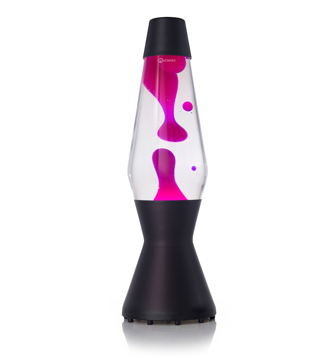Lampe à lave Mathmos Astro avec lave rose et liquide transparent dans un corps noir sur fond blanc