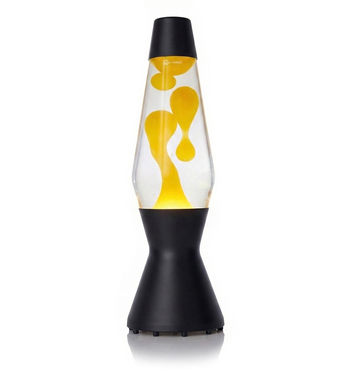 Lampe à lave Mathmos Astro avec lave jaune et liquide transparent dans un corps noir sur fond blanc
