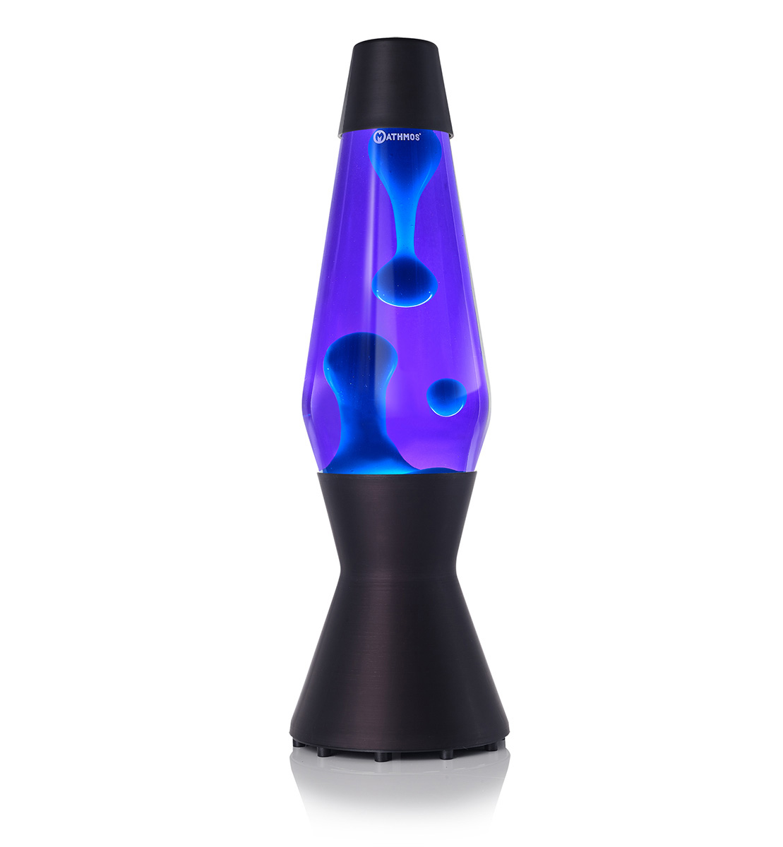 Lampe à lave Mathmos Astro avec lave bleue et liquide violet dans un corps noir sur fond blanc