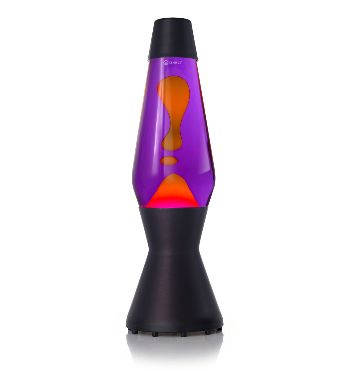 Lampe à lave Mathmos Astro avec lave orange et liquide violet dans un corps noir sur fond blanc