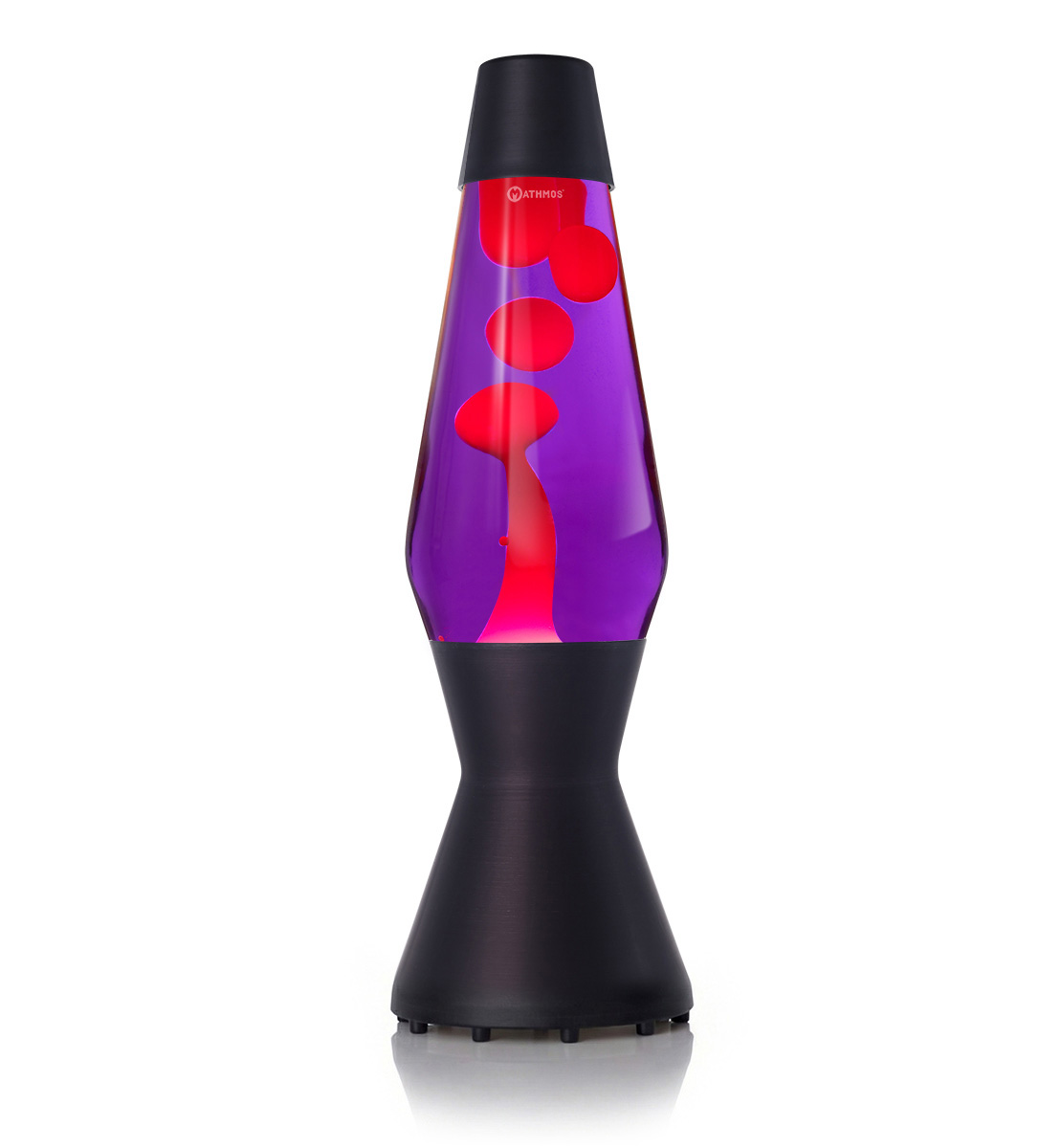 Lampe à lave Mathmos Astro avec lave rouge et liquide violet dans un corps noir sur fond blanc