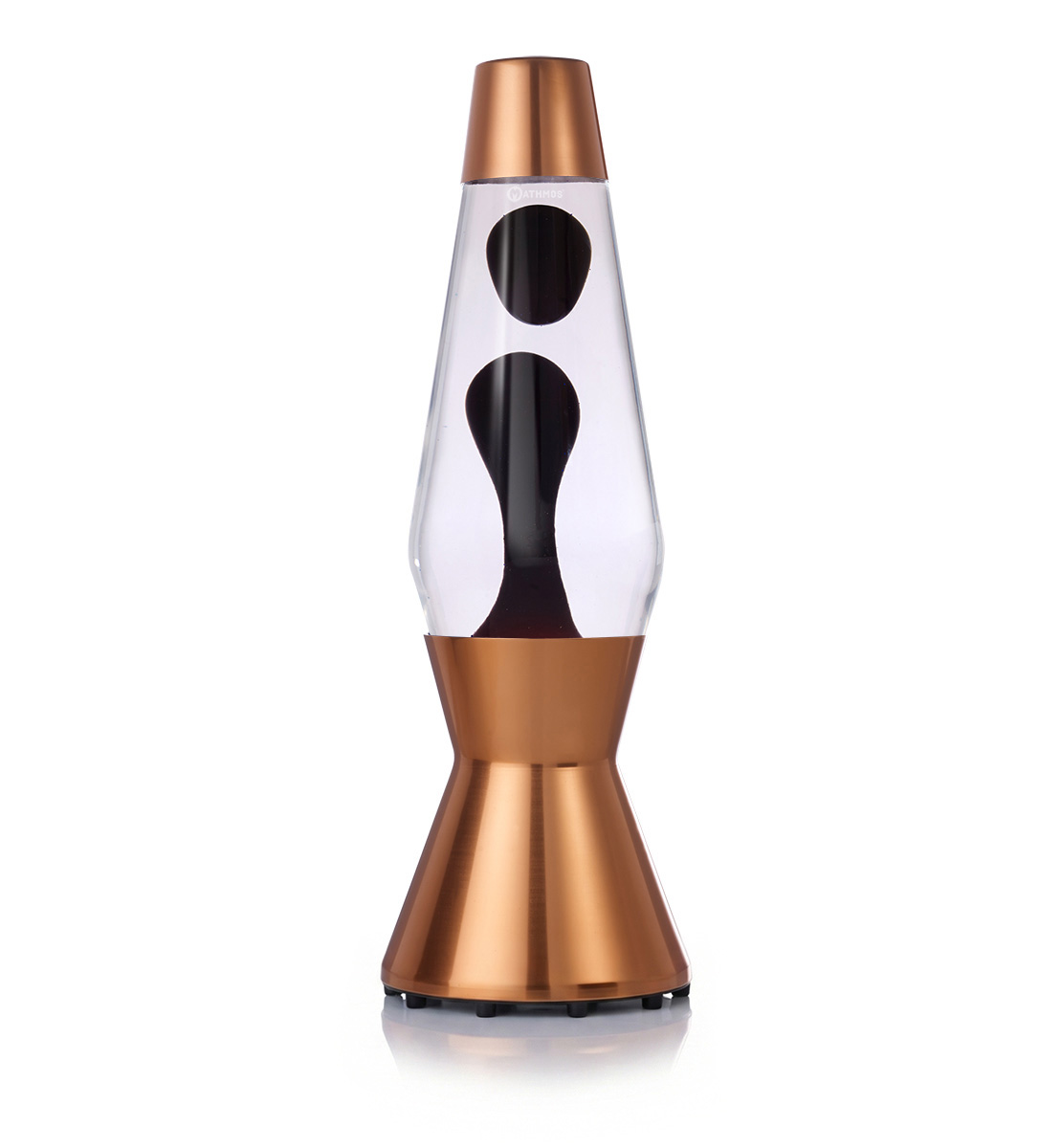 Lampe à lave Mathmos Astro avec lave noire et liquide transparent dans un corps couleur cuivre sur fond blanc