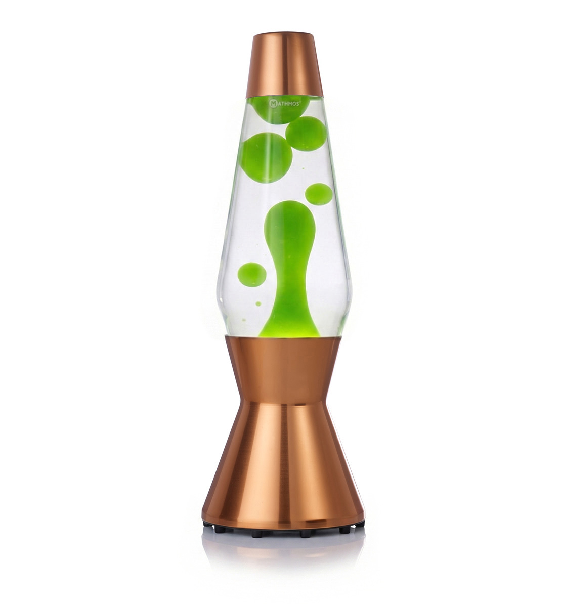 Lampe à lave Mathmos Astro avec lave verte et liquide transparent dans un corps couleur cuivre sur fond blanc