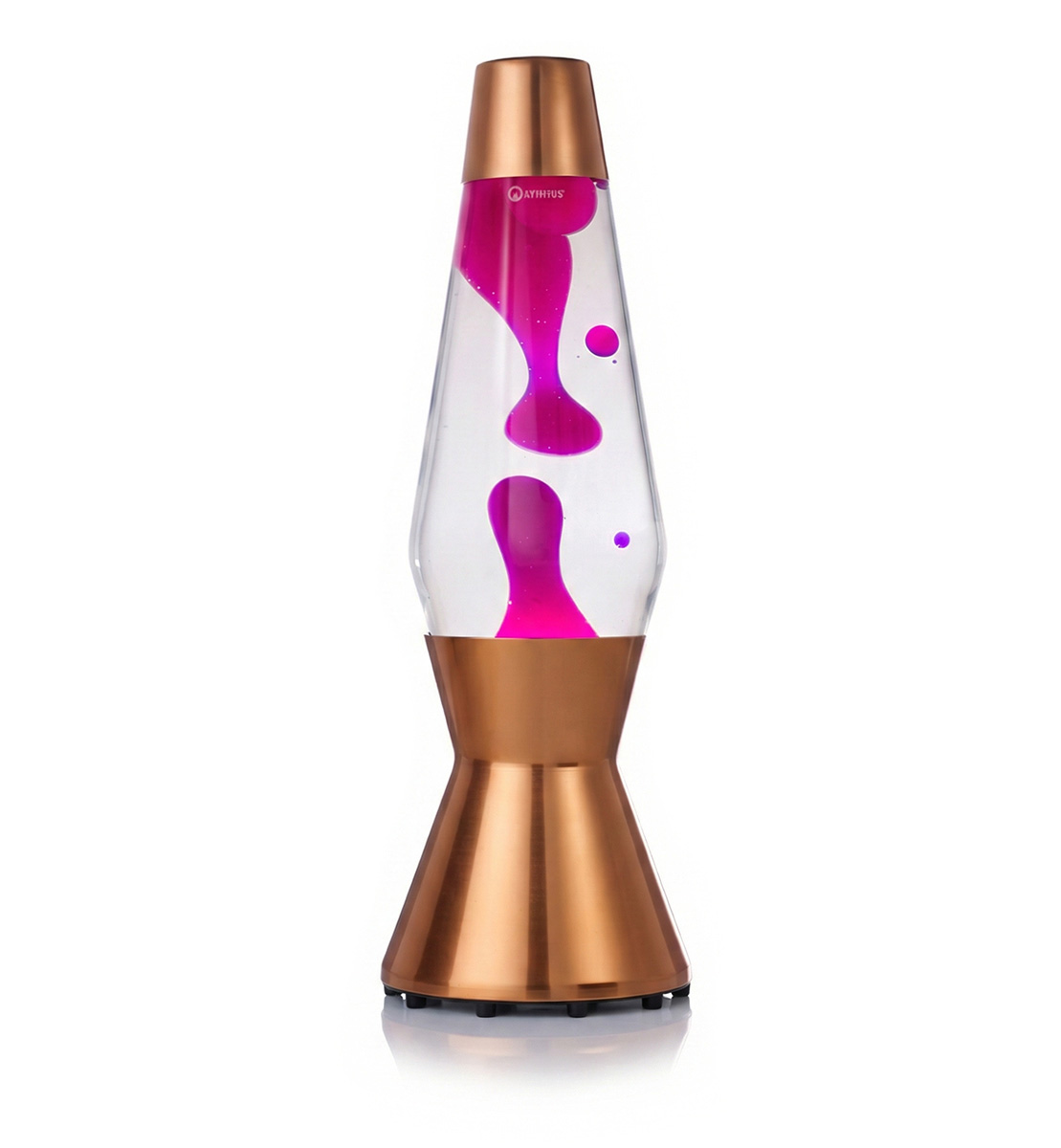 Lampe à lave Mathmos Astro avec lave rose et liquide transparent dans un corps couleur cuivre sur fond blanc