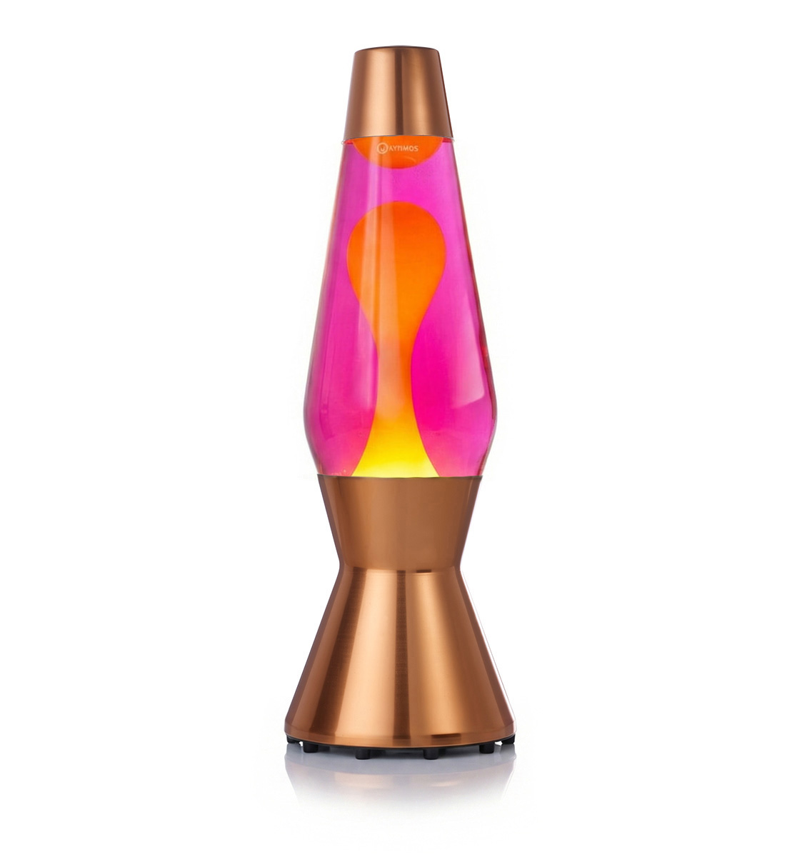 Lampe à lave Mathmos Astro avec lave jaune et liquide rose dans un corps couleur cuivre sur fond blanc