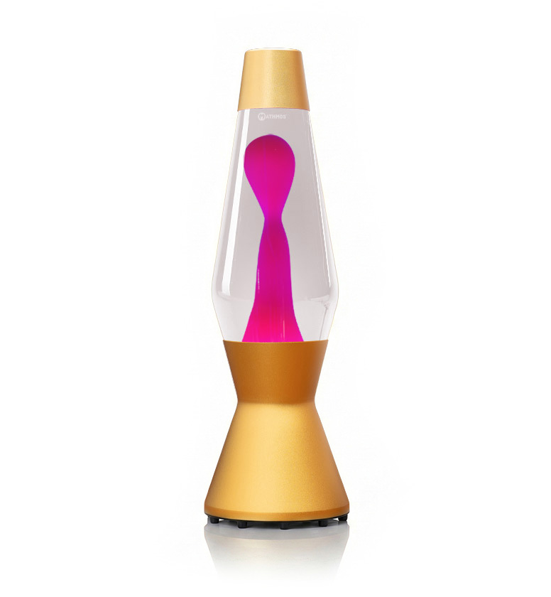 Lampe à lave dorée Mathmos Astro avec liquide transparent et lave rose sur fond blanc