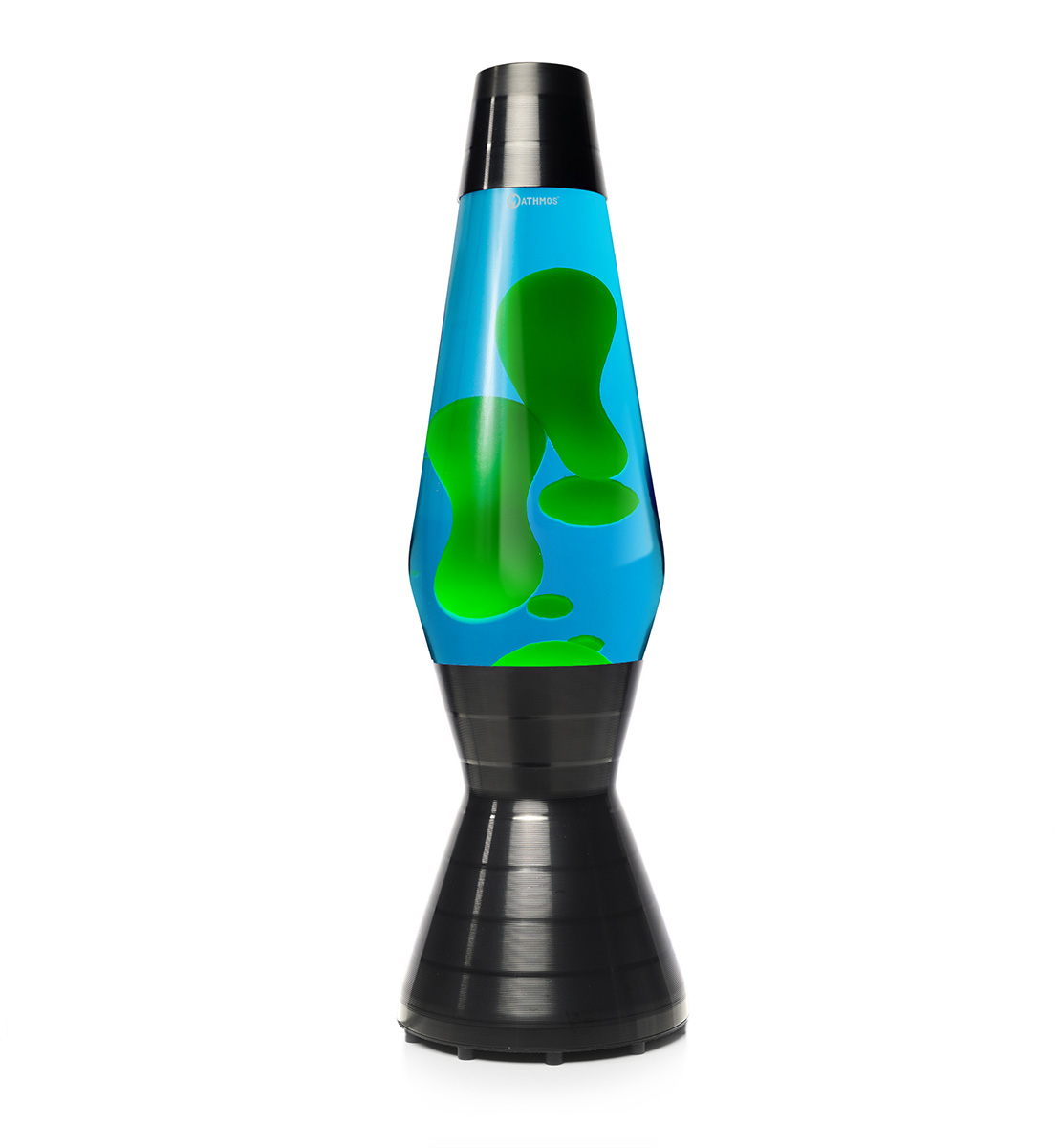 Lampe à lave noire Mathmos Astro Vinyl avec liquide bleu et lave verte sur fond blanc