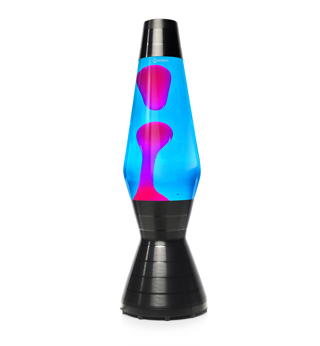 Lampe à lave noire Mathmos Astro Vinyl avec liquide bleu et lave rose sur fond blanc