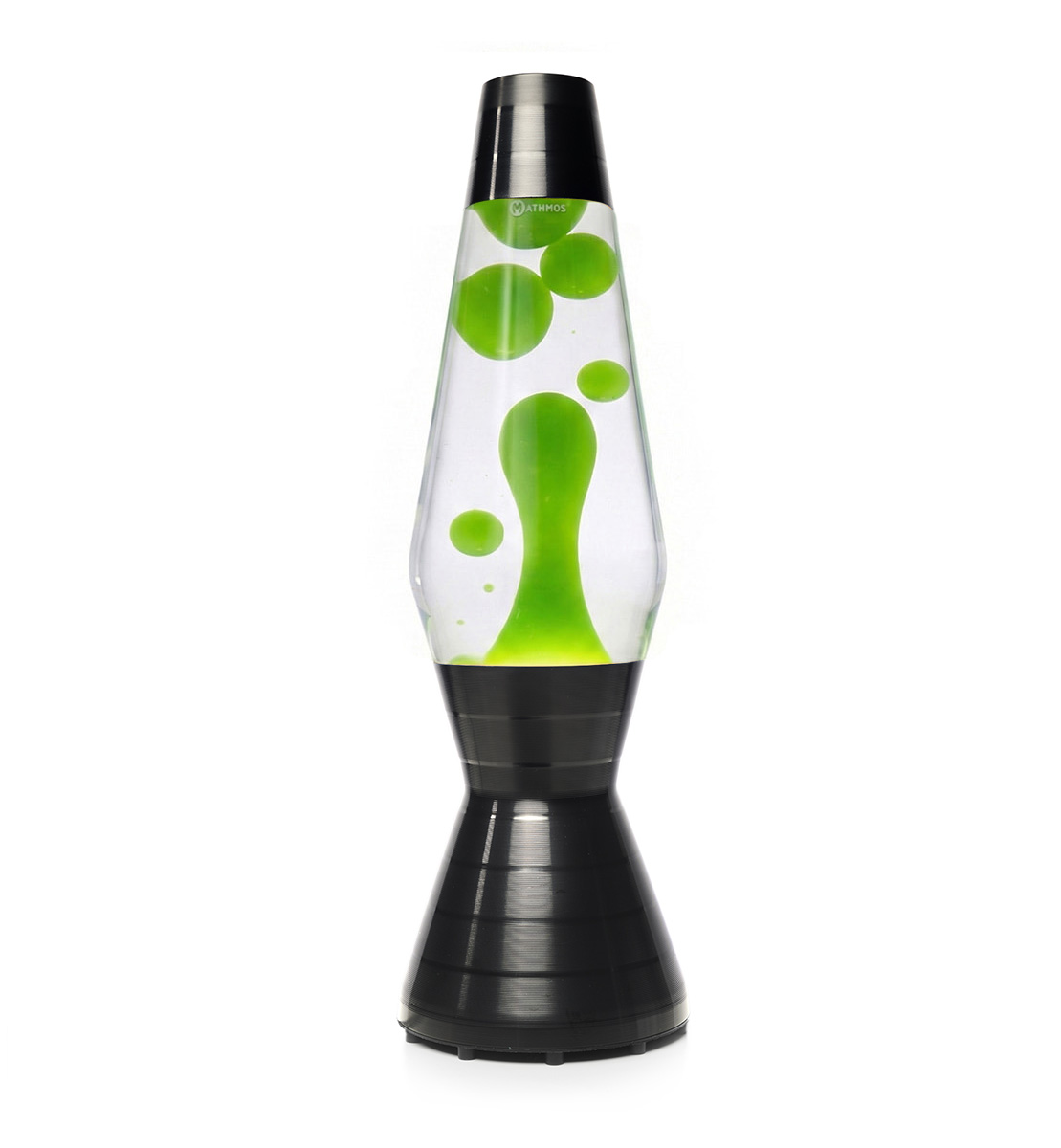 Lampe à lave noire Mathmos Astro Vinyl avec liquide transparent et lave verte sur fond blanc