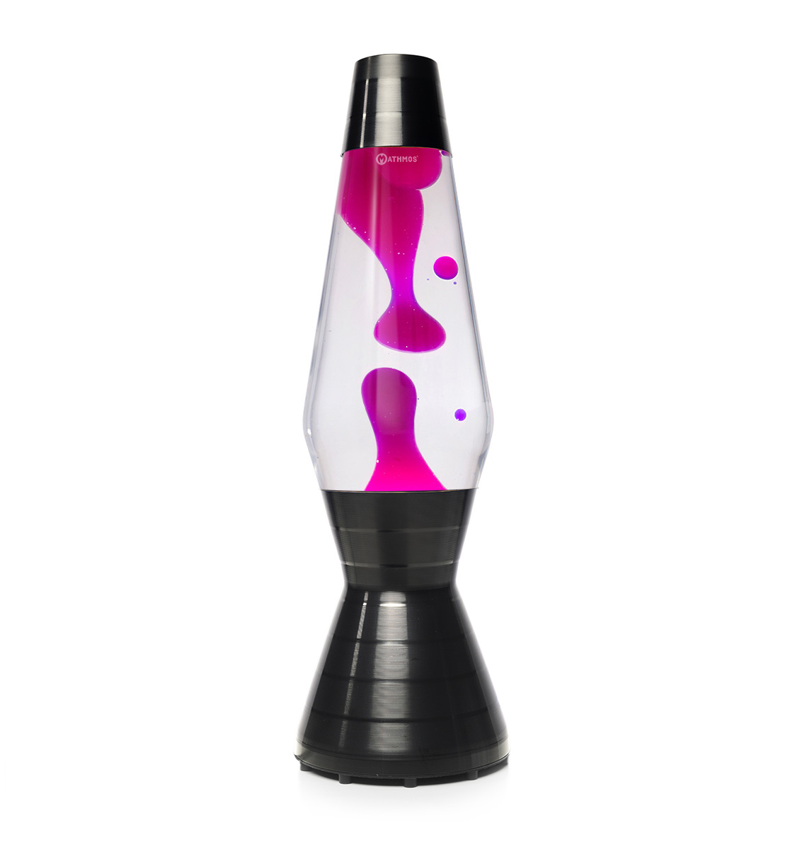 Lampe à lave noire Mathmos Astro Vinyl avec liquide transparent et lave rose sur fond blanc