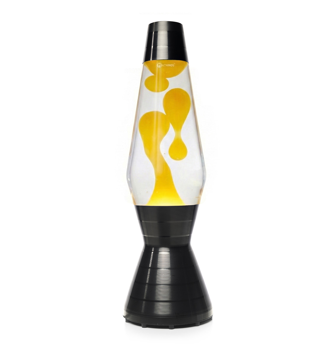 Lampe à lave noire Mathmos Astro Vinyl avec liquide transparent et lave jaune sur fond blanc