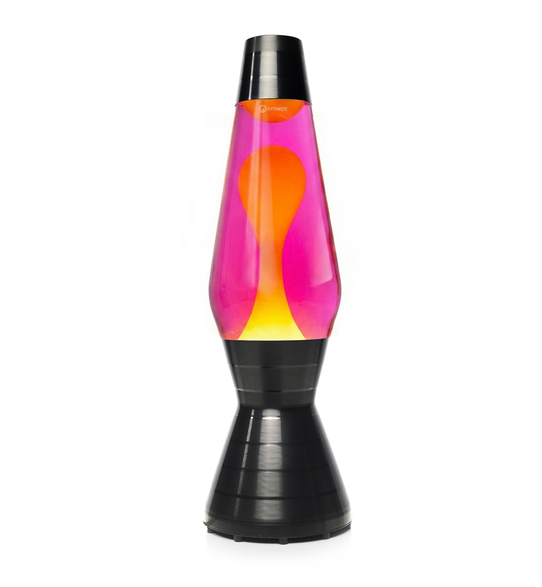 Lampe à lave noire Mathmos Astro Vinyl avec liquide rose et lave orange sur fond blanc