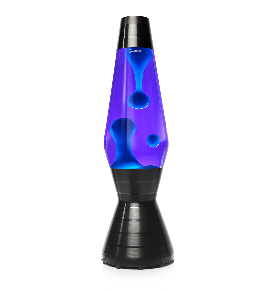 Lampe à lave noire Mathmos Astro Vinyl avec liquide violet et lave bleue sur fond blanc