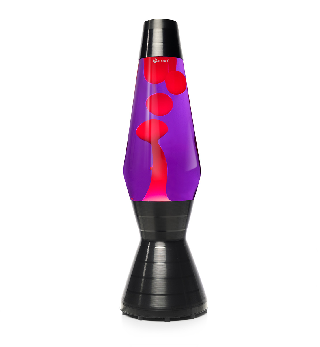 Lampe à lave noire Mathmos Astro Vinyl avec liquide violet et lave rouge sur fond blanc