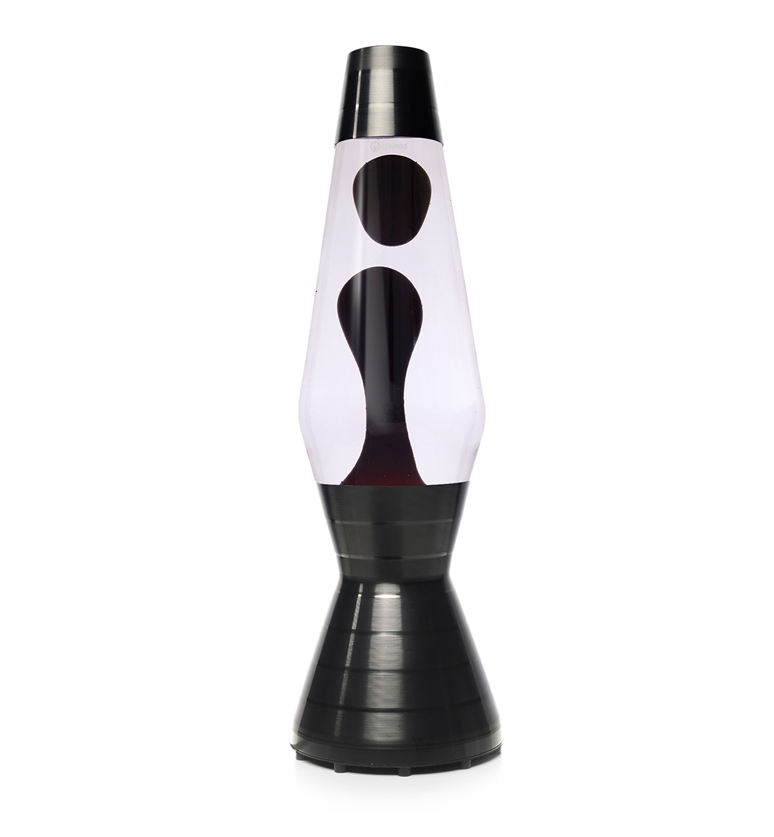 Lampe à lave noire Mathmos Astro Vinyl avec liquide blanc et lave noire sur fond blanc