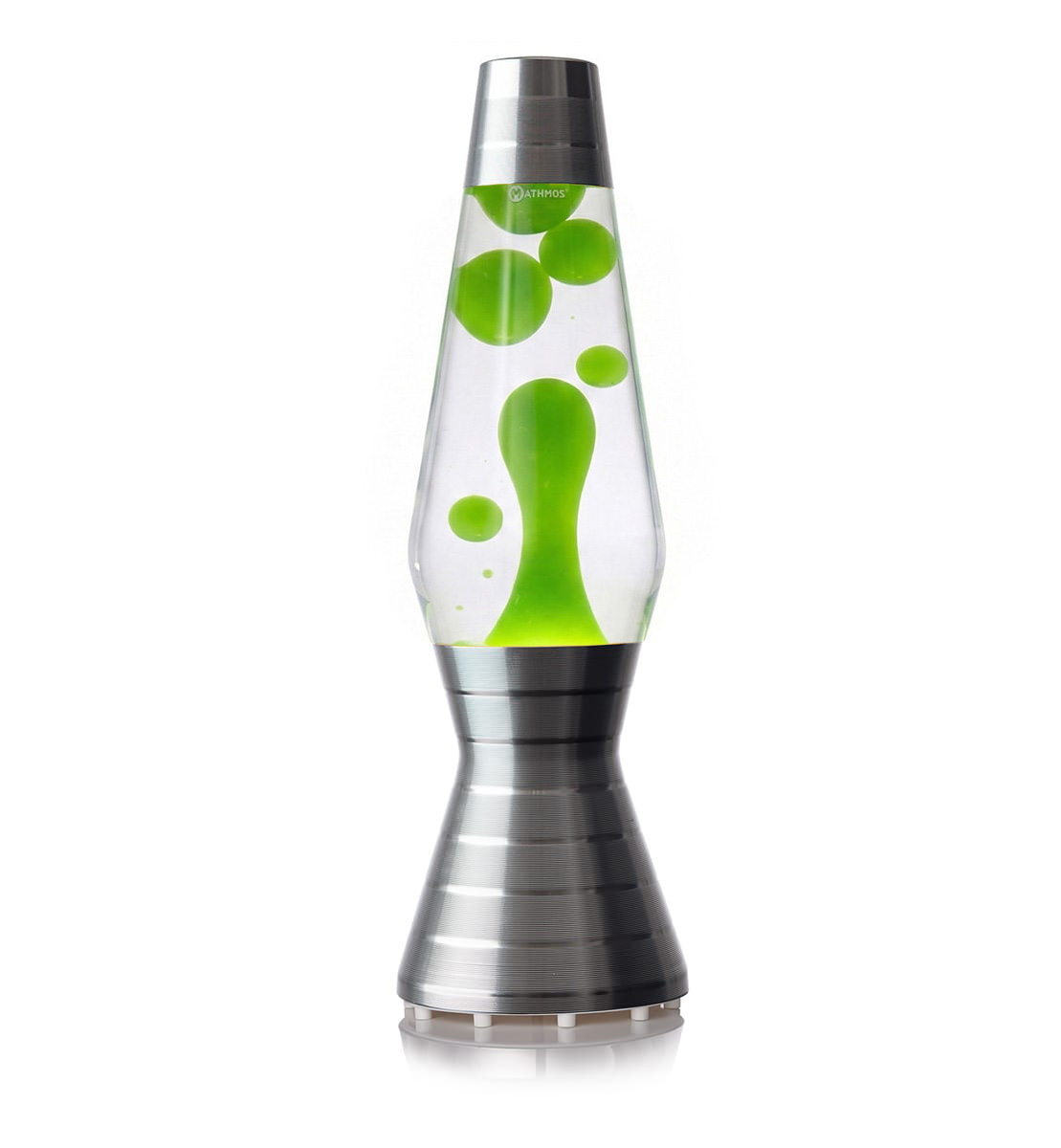 Lampe à lave en platine Mathmos Astro Vinyl avec liquide transparent et lave verte sur fond blanc