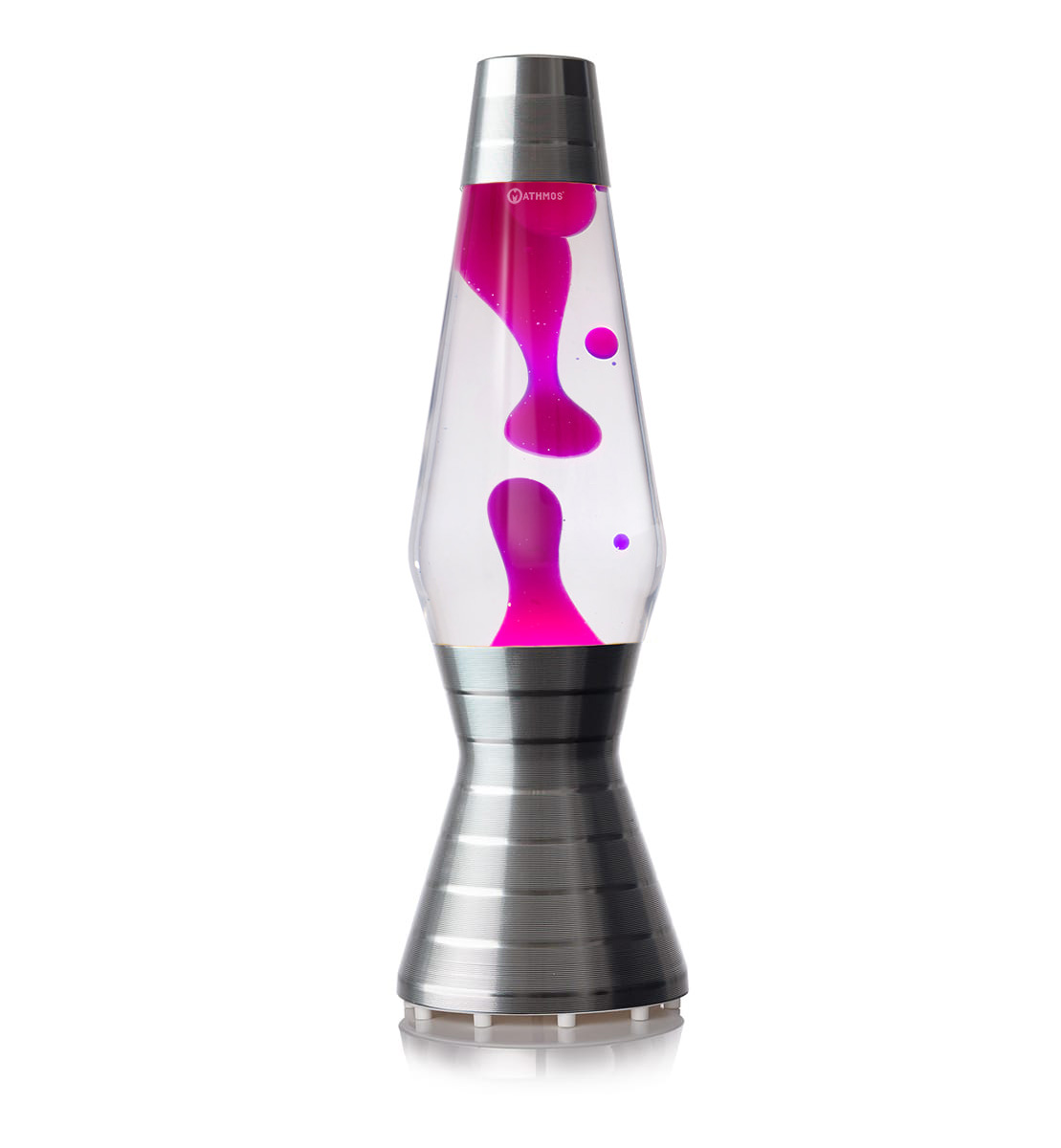 Lampe à lave en platine Mathmos Astro Vinyl avec liquide transparent et lave rose sur fond blanc