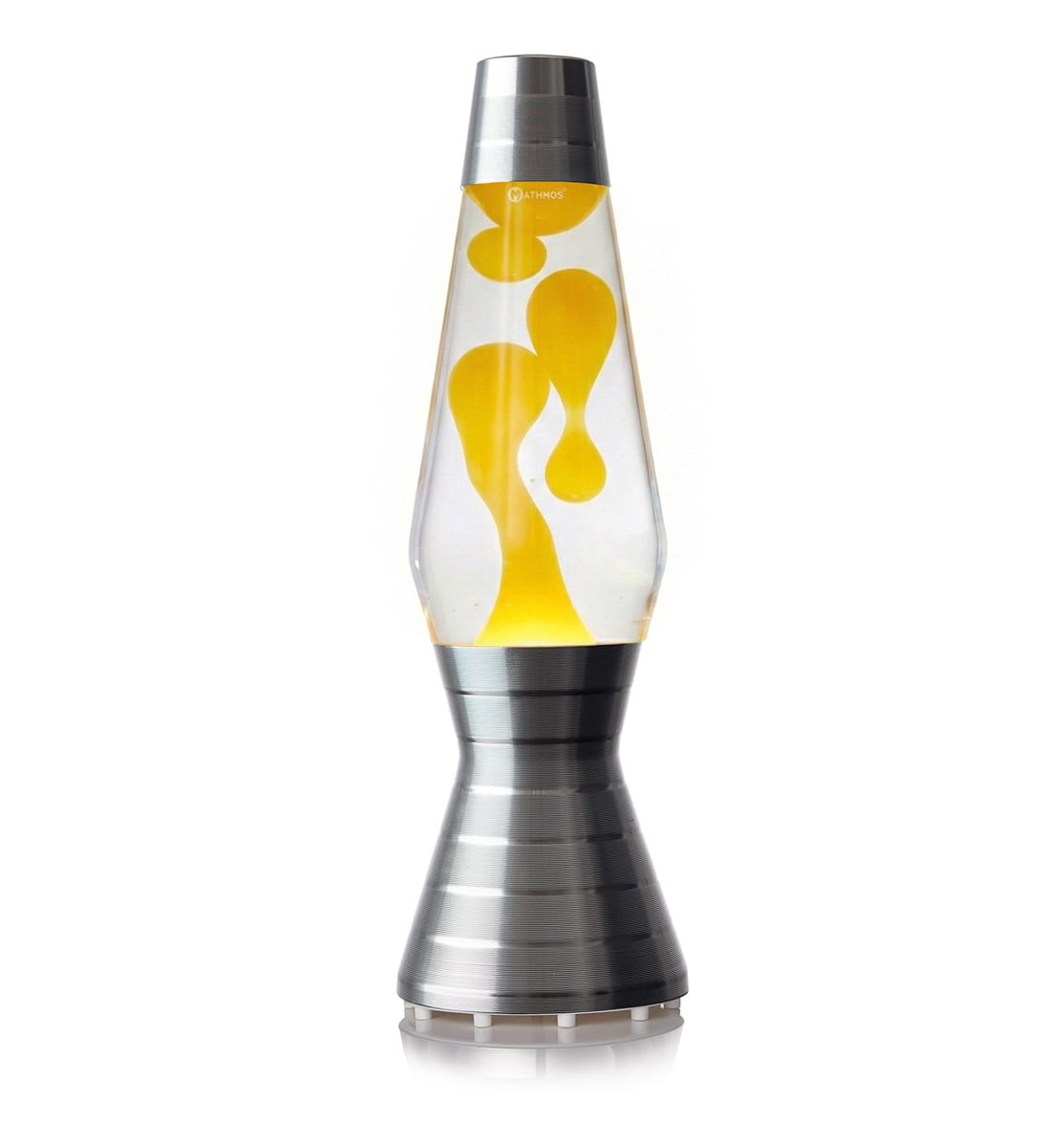 Lampe à lave en platine Mathmos Astro Vinyl avec liquide transparent et lave jaune sur fond blanc