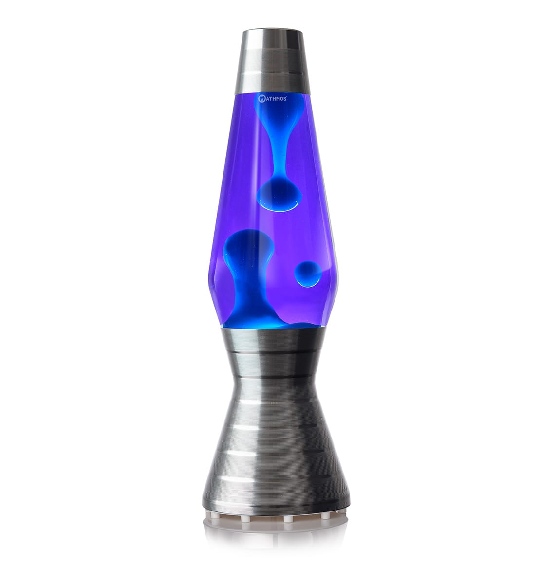 Lampe à lave en platine Mathmos Astro Vinyl avec liquide violet et lave bleue sur fond blanc