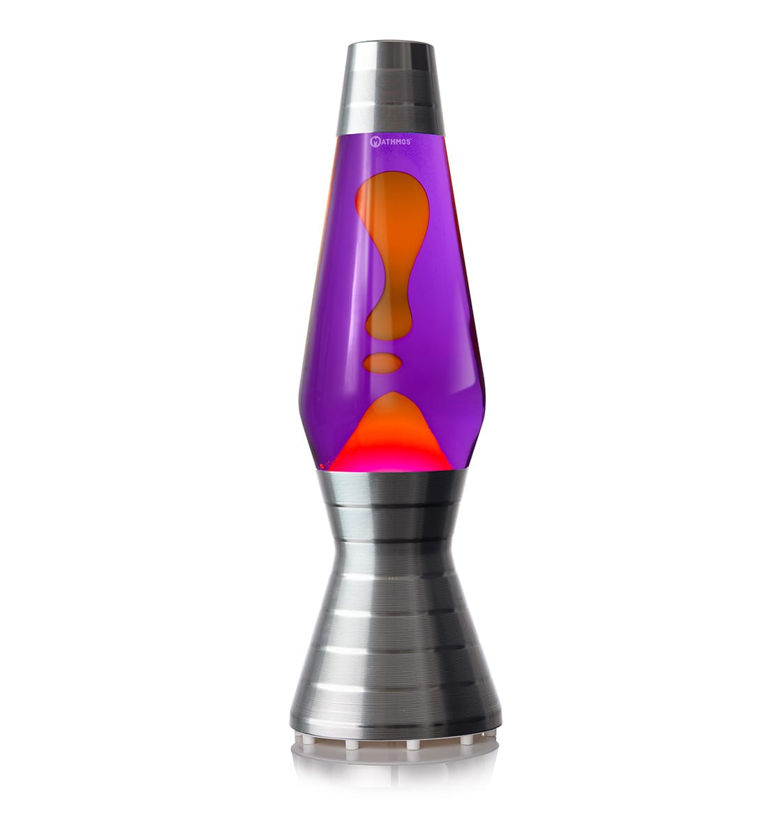 Lampe à lave en platine Mathmos Astro Vinyl avec liquide violet et lave orange sur fond blanc