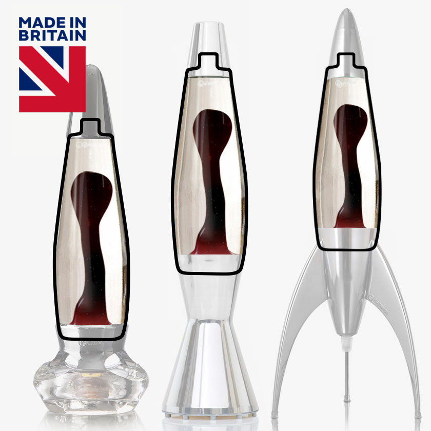 Trois lampes à lave Mathmos Astrobaby, Telstar et Evo avec liquide transparent et lave noire dans des corps transparents sur fond blanc