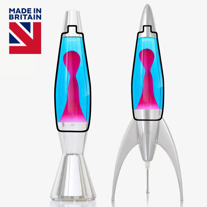 Deux lampes à lave Mathmos Astrobaby et Telstar avec liquide bleu et lave rose dans des corps transparents sur fond blanc