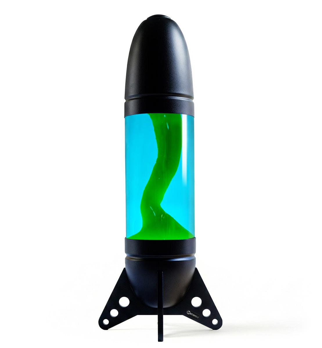 Lampe à lave géante en forme de fusée Mathmos Rokit avec corps noir, liquide bleu et lave verte sur fond blanc