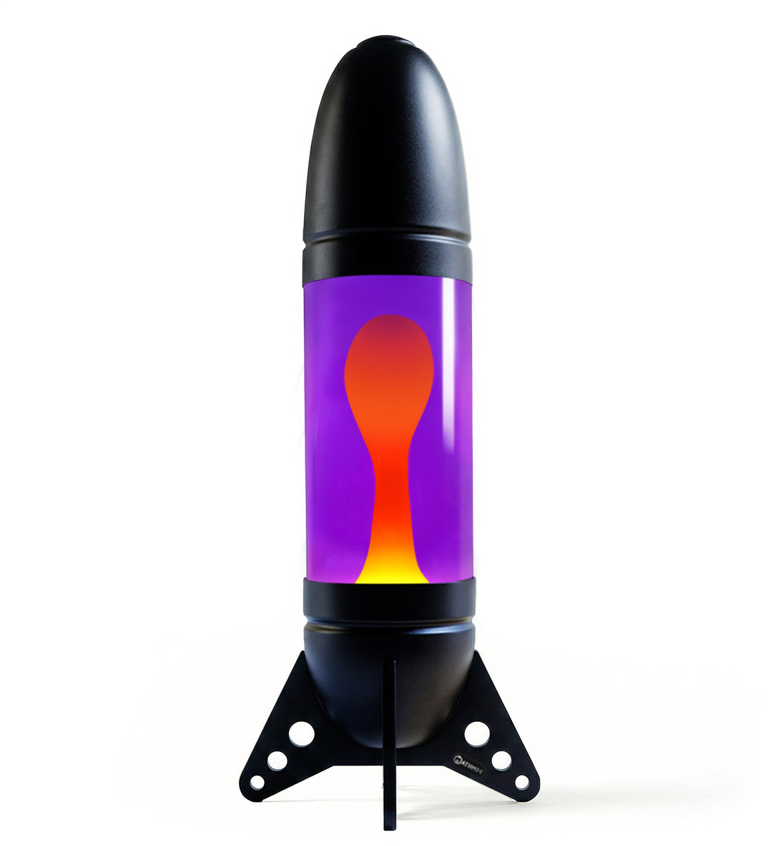 Lampe à lave géante en forme de fusée Mathmos Rokit avec corps noir, liquide violet et lave orange sur fond blanc