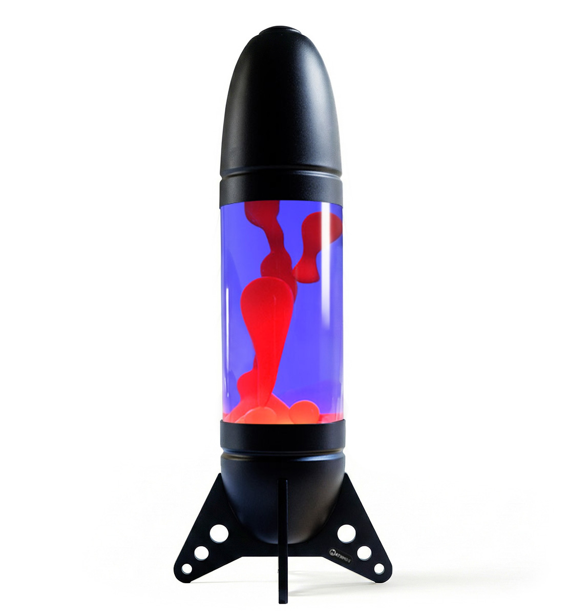 Lampe à lave géante en forme de fusée Mathmos Rokit avec corps noir, liquide violet et lave rouge sur fond blanc