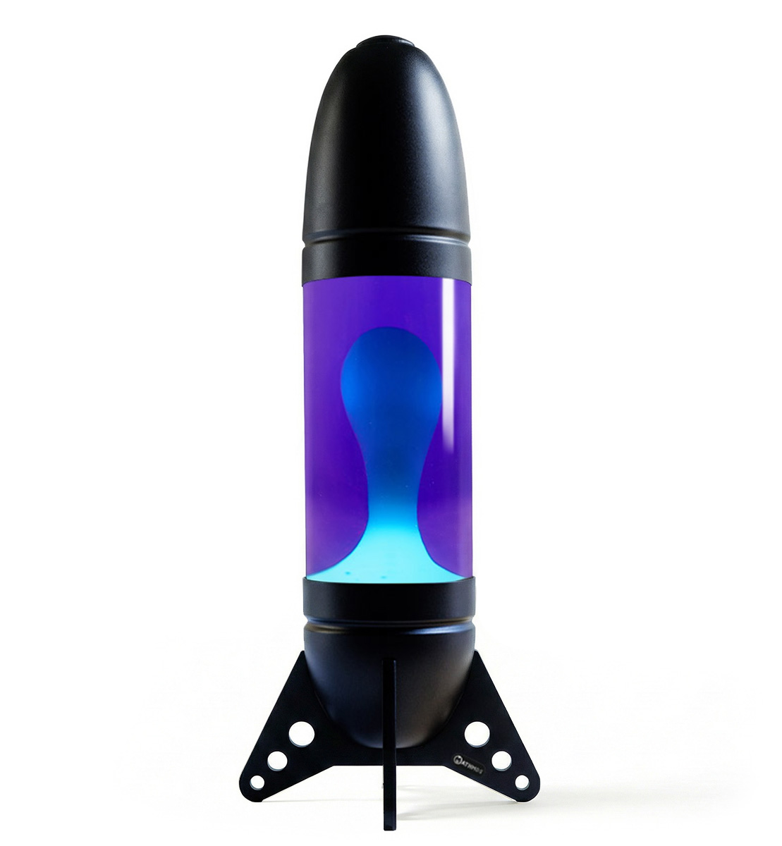 Lampe à lave géante en forme de fusée Mathmos Rokit avec corps noir, liquide violet et lave turquoise sur fond blanc