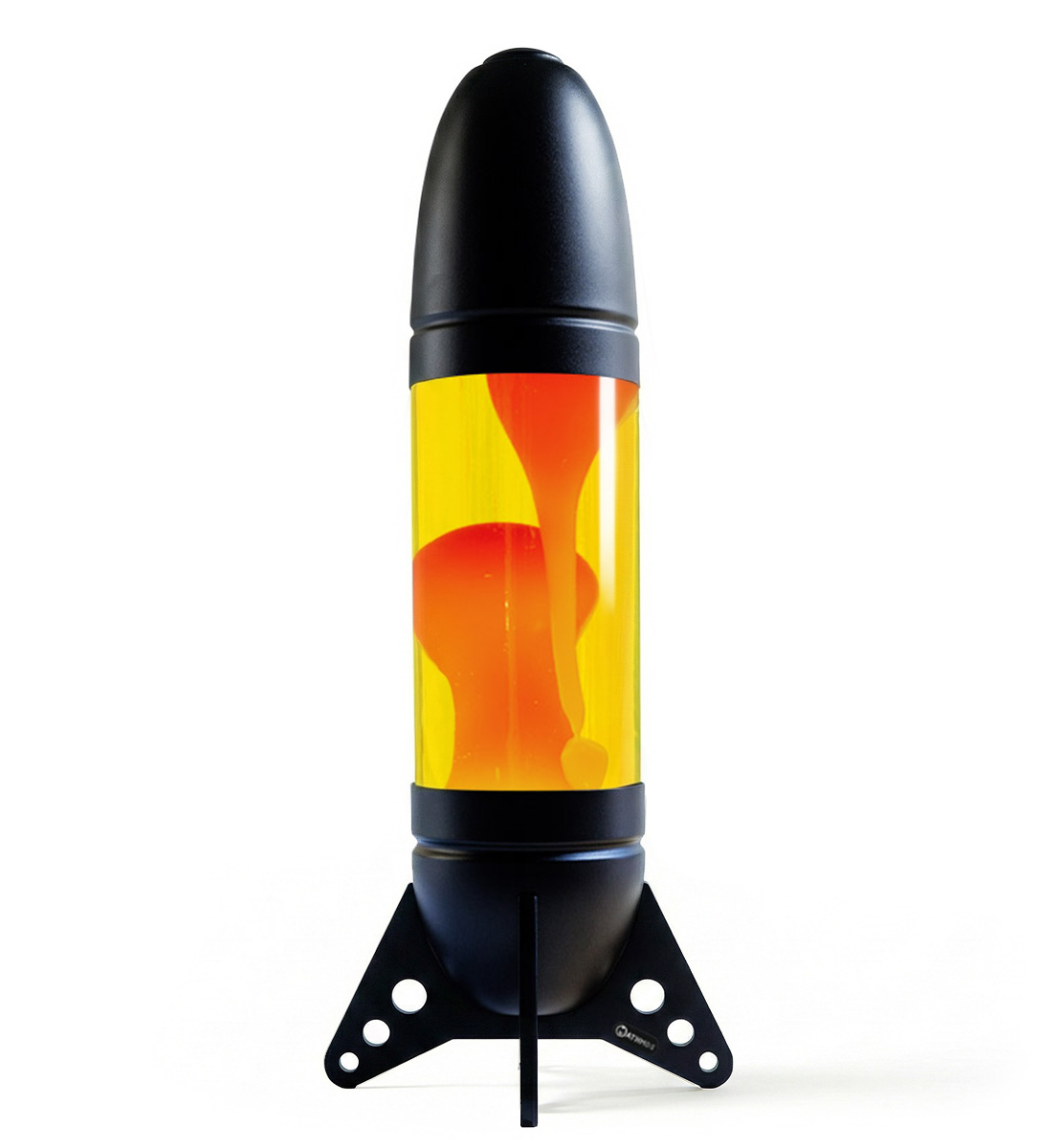 Lampe à lave géante en forme de fusée Mathmos Rokit avec corps noir, liquide jaune et lave orange sur fond blanc
