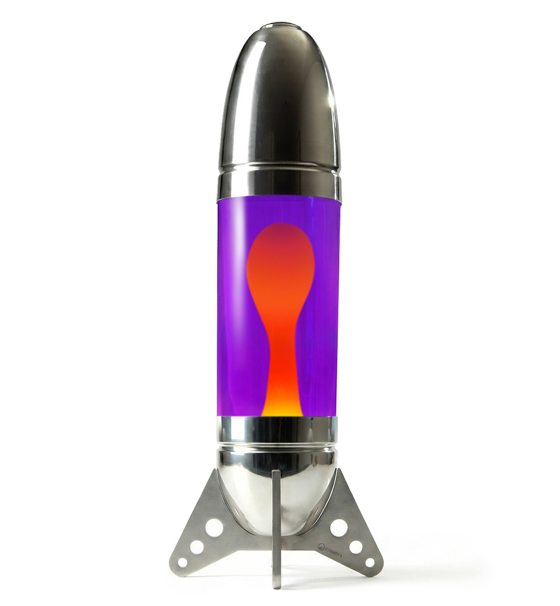 Lampe à lave géante en forme de fusée Mathmos Rokit avec corps poli, liquide violet et lave orange sur fond blanc