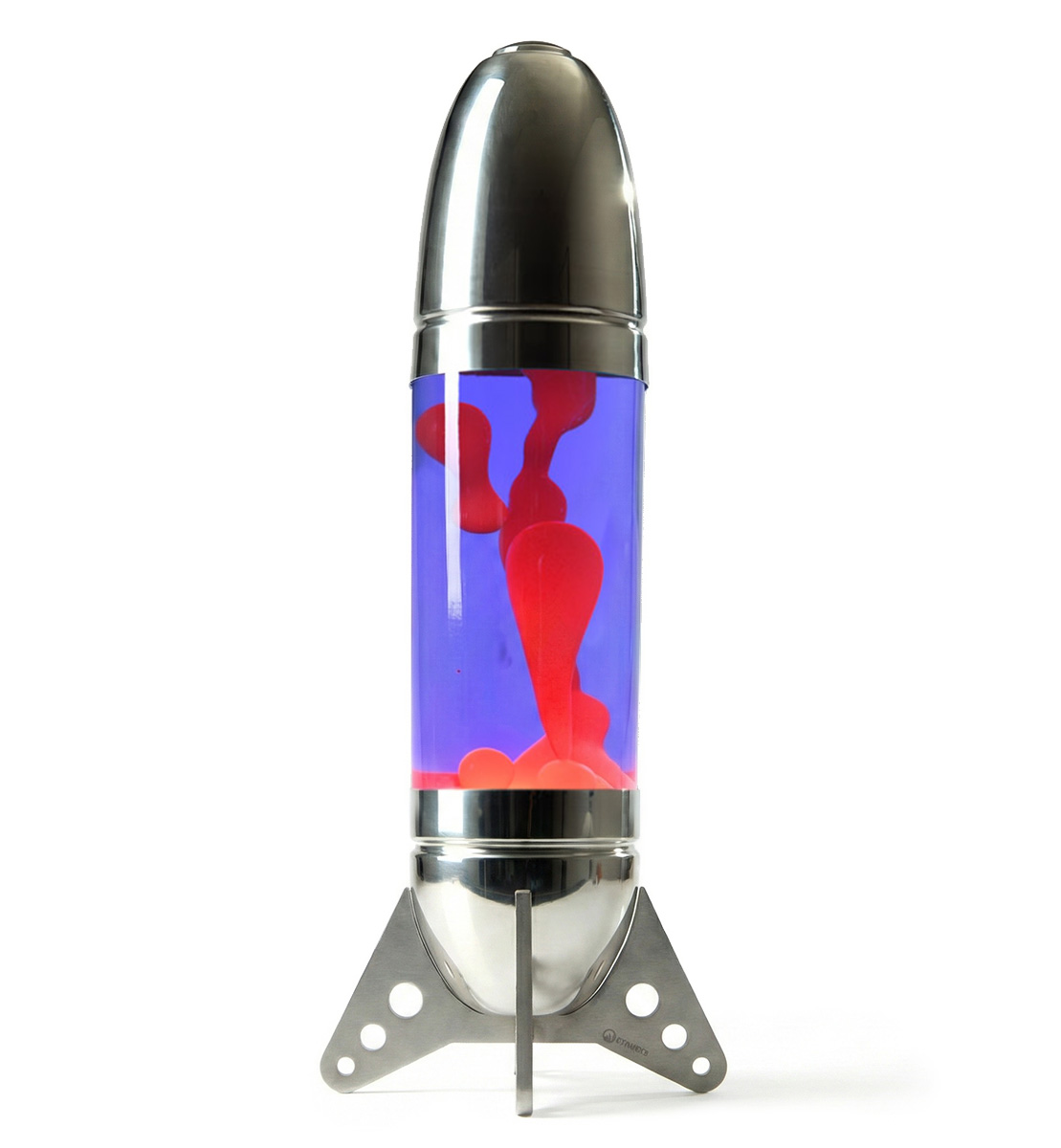 Lampe à lave géante en forme de fusée Mathmos Rokit avec corps poli, liquide violet et lave rouge sur fond blanc