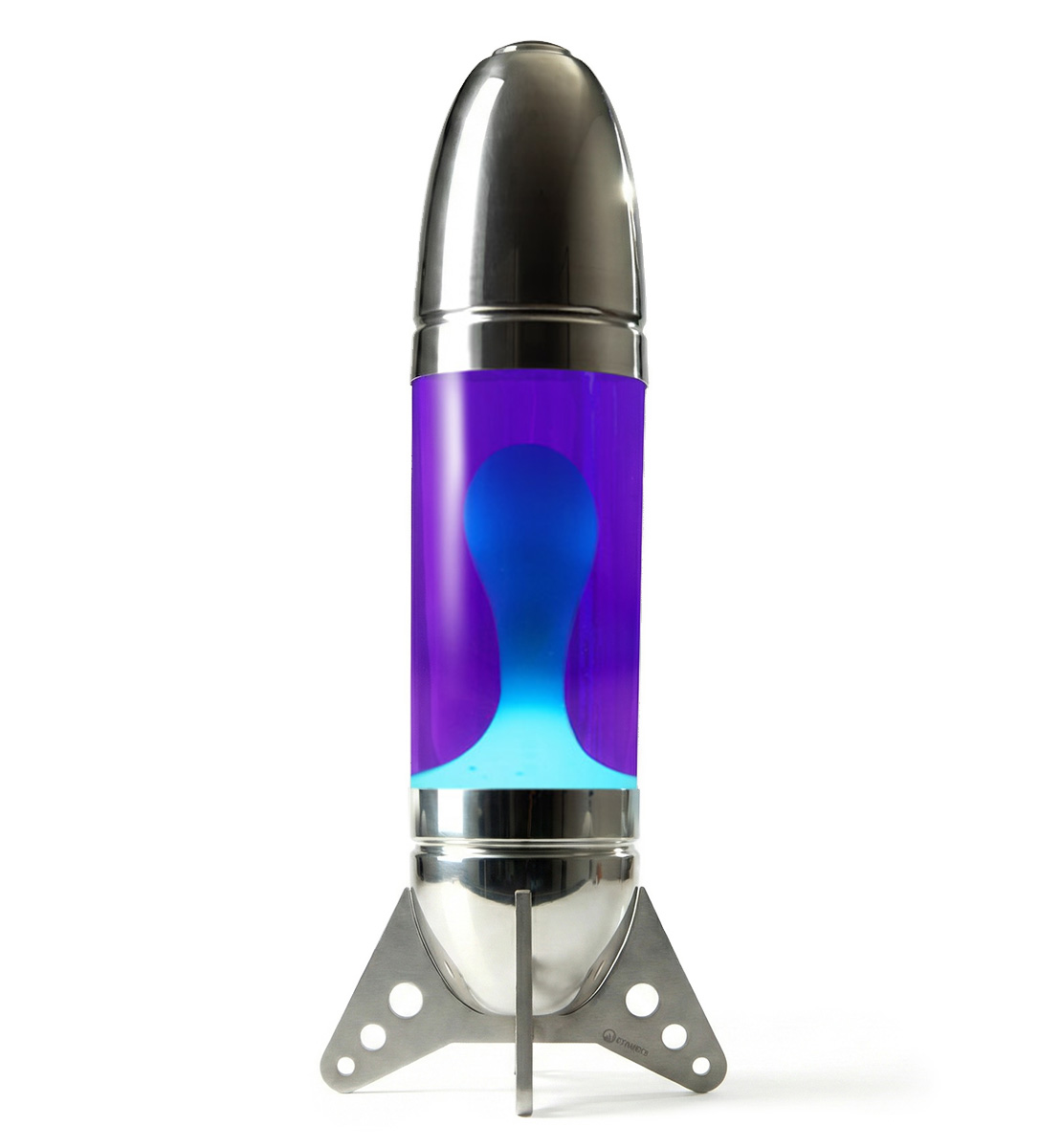 Lampe à lave géante en forme de fusée Mathmos Rokit avec corps poli, liquide violet et lave turquoise sur fond blanc
