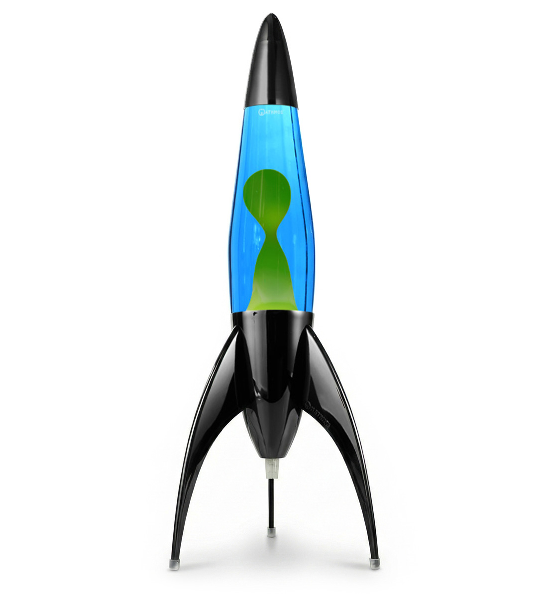 Lampe à lave noire en forme de fusée Mathmos Telstar avec liquide bleu et lave verte sur fond blanc