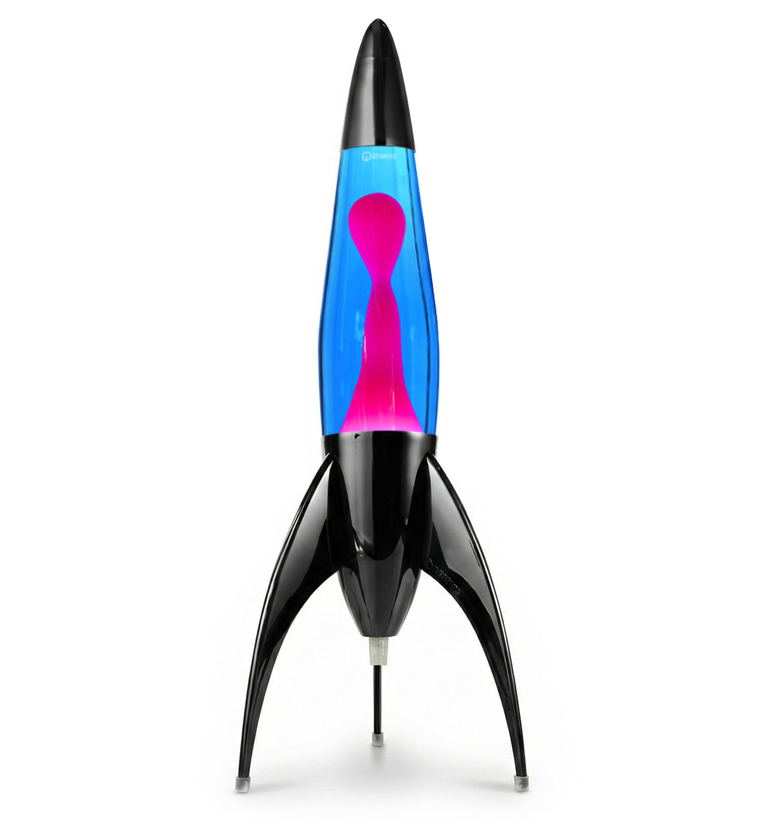Lampe à lave noire en forme de fusée Mathmos Telstar avec liquide bleu et lave rose sur fond blanc