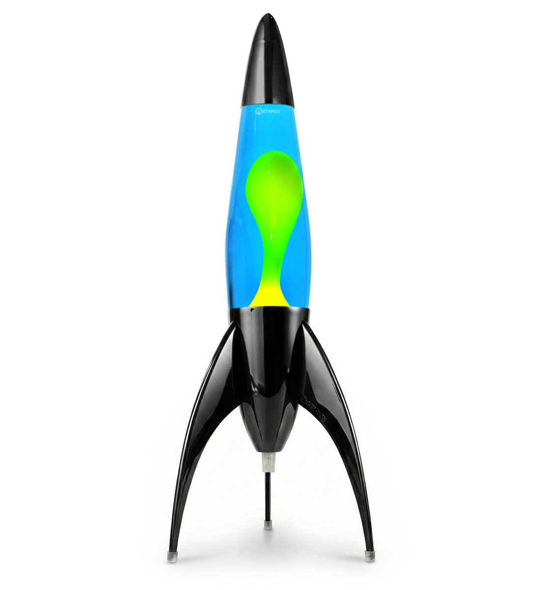 Lampe à lave noire en forme de fusée Mathmos Telstar avec liquide bleu et lave jaune sur fond blanc